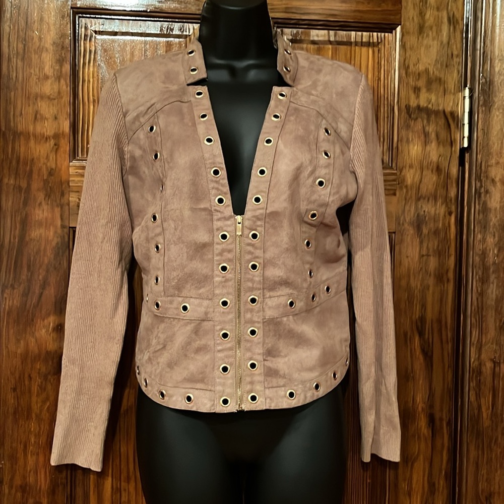 Cach’e Tan Faux Suede Zip Up Sweater
